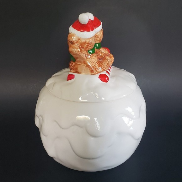 Vtg Santa Bear Cookie Jar Teddies Riding Candy Cane Sleigh Sled on Snowball NOS - Picture 2 of 9